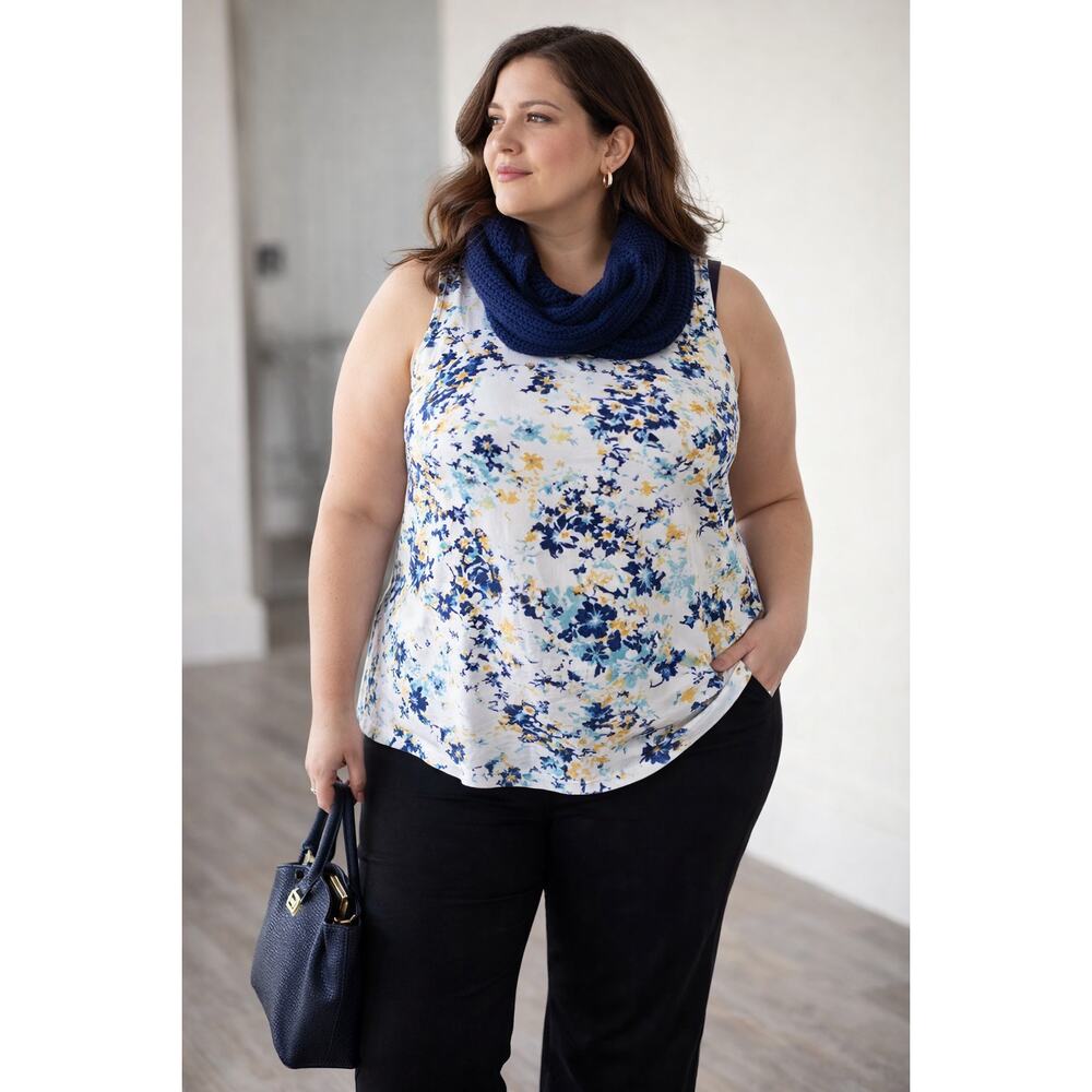 Croft and Barrow Floral Tank Top XXL Blue Yellow Print Classic Fit